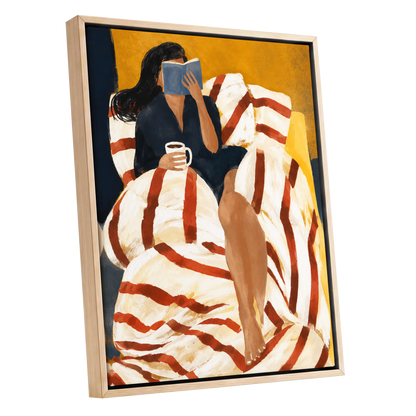 A Chapter in Ochre, yellow, beige, red abstract wall art shown as a oak framed canvas wall art