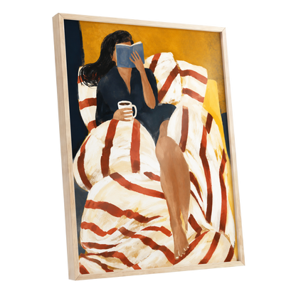 A Chapter in Ochre, yellow, beige, red abstract wall art shown as a oak framed poster wall art print