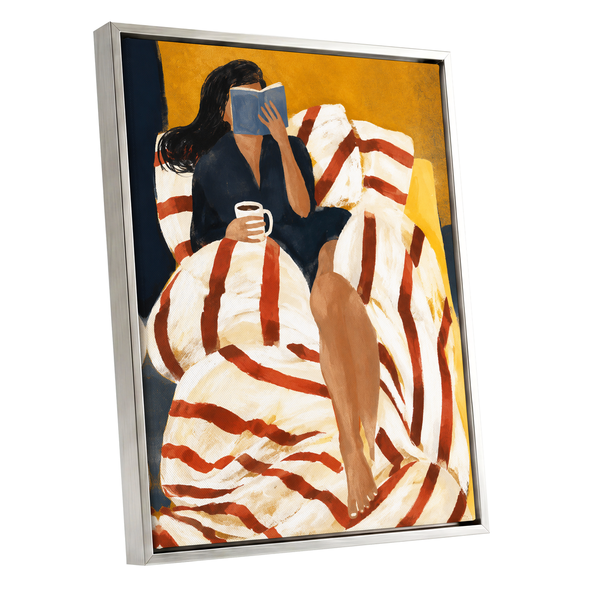 A Chapter in Ochre, yellow, beige, red abstract wall art shown as a silver framed canvas wall art