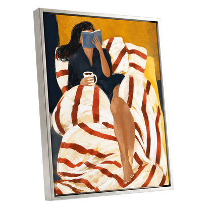A Chapter in Ochre, yellow, beige, red abstract wall art shown as a silver framed canvas wall art