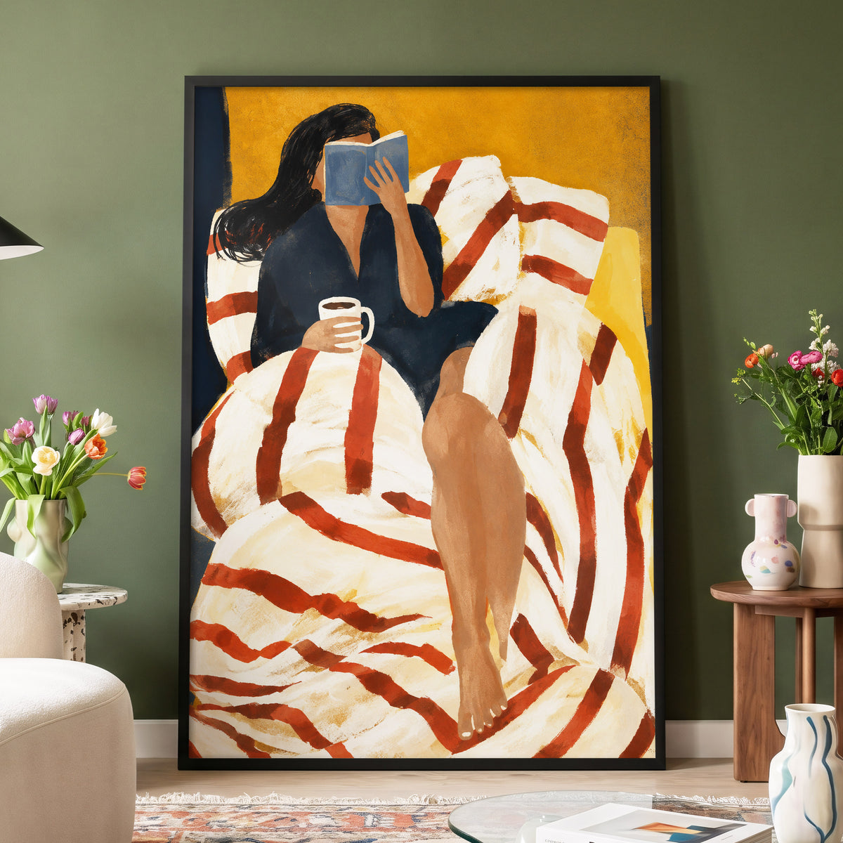 A Chapter in Ochre, yellow, beige, red abstract wall art displayed in a styled interior, gallery view 2