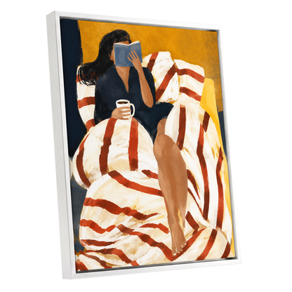 A Chapter in Ochre, yellow, beige, red abstract wall art shown as a white framed canvas wall art