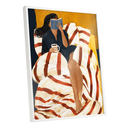 A Chapter in Ochre, yellow, beige, red abstract wall art shown as a white framed poster wall art print