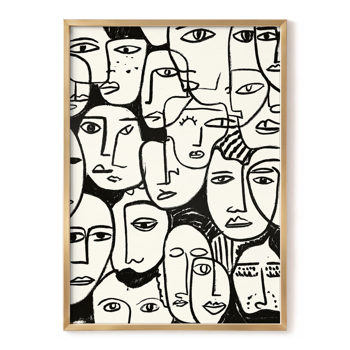 A Chorus of Faces, black, beige, white abstract wall art, front artwork view