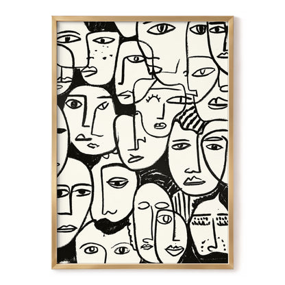 A Chorus of Faces, black, beige, white abstract wall art, front artwork view