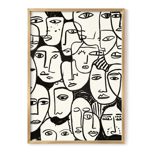 A Chorus of Faces, black, beige, white abstract wall art, front artwork view