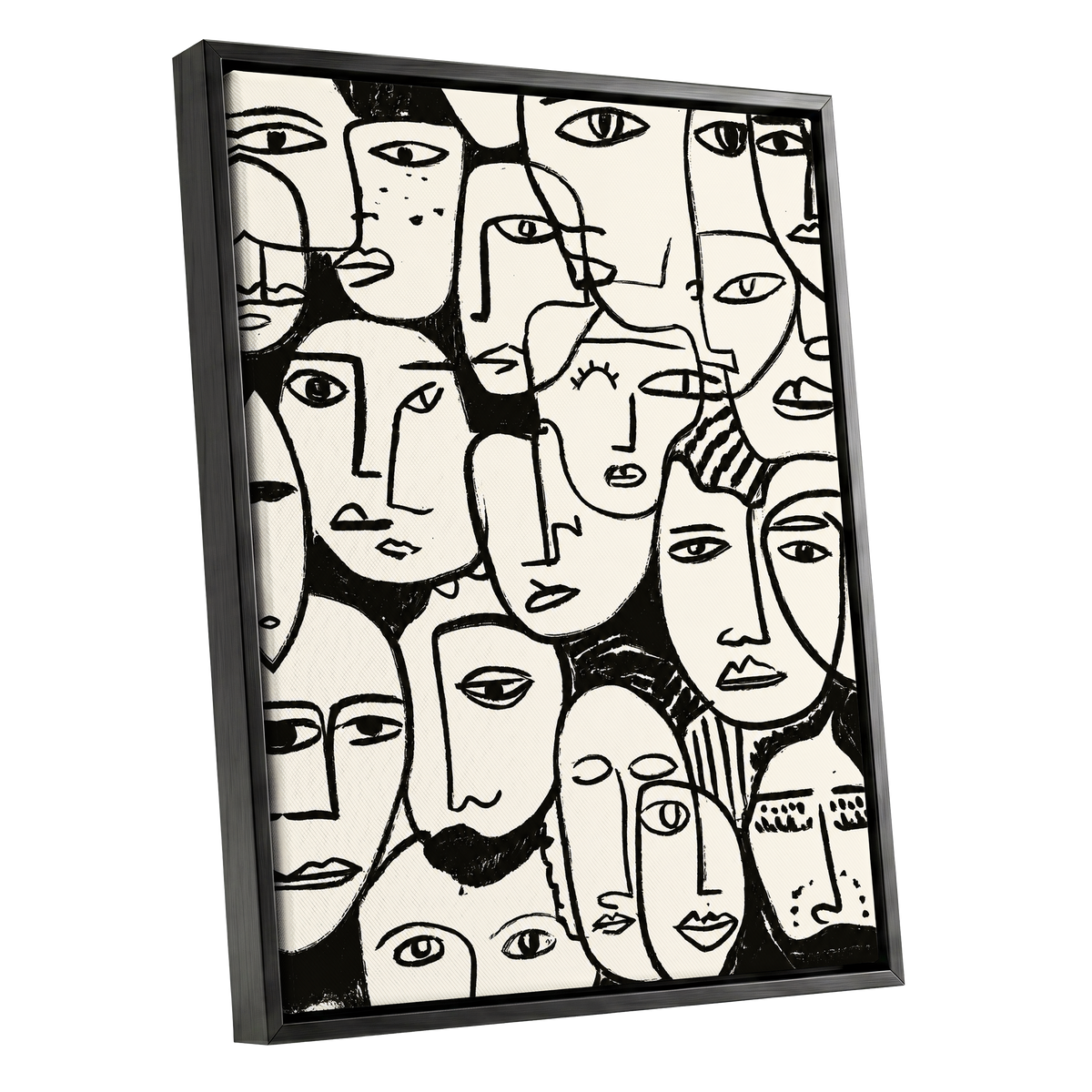 A Chorus of Faces, black, beige, white abstract wall art shown as a black framed canvas wall art