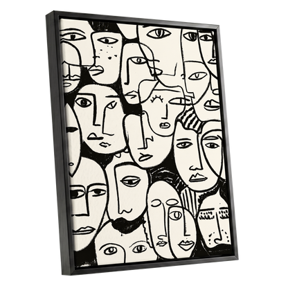 A Chorus of Faces, black, beige, white abstract wall art shown as a black framed canvas wall art