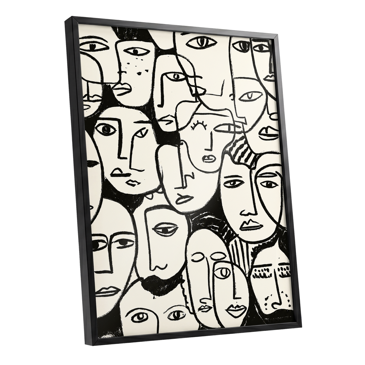 A Chorus of Faces, black, beige, white abstract wall art shown as a black framed poster wall art print