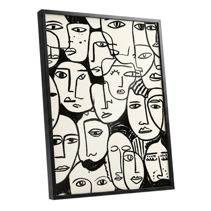 A Chorus of Faces, black, beige, white abstract wall art shown as a black framed poster wall art print