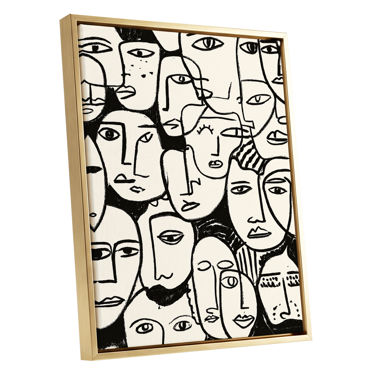 A Chorus of Faces, black, beige, white abstract wall art shown as a gold framed canvas wall art