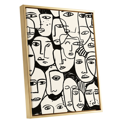 A Chorus of Faces, black, beige, white abstract wall art shown as a gold framed canvas wall art