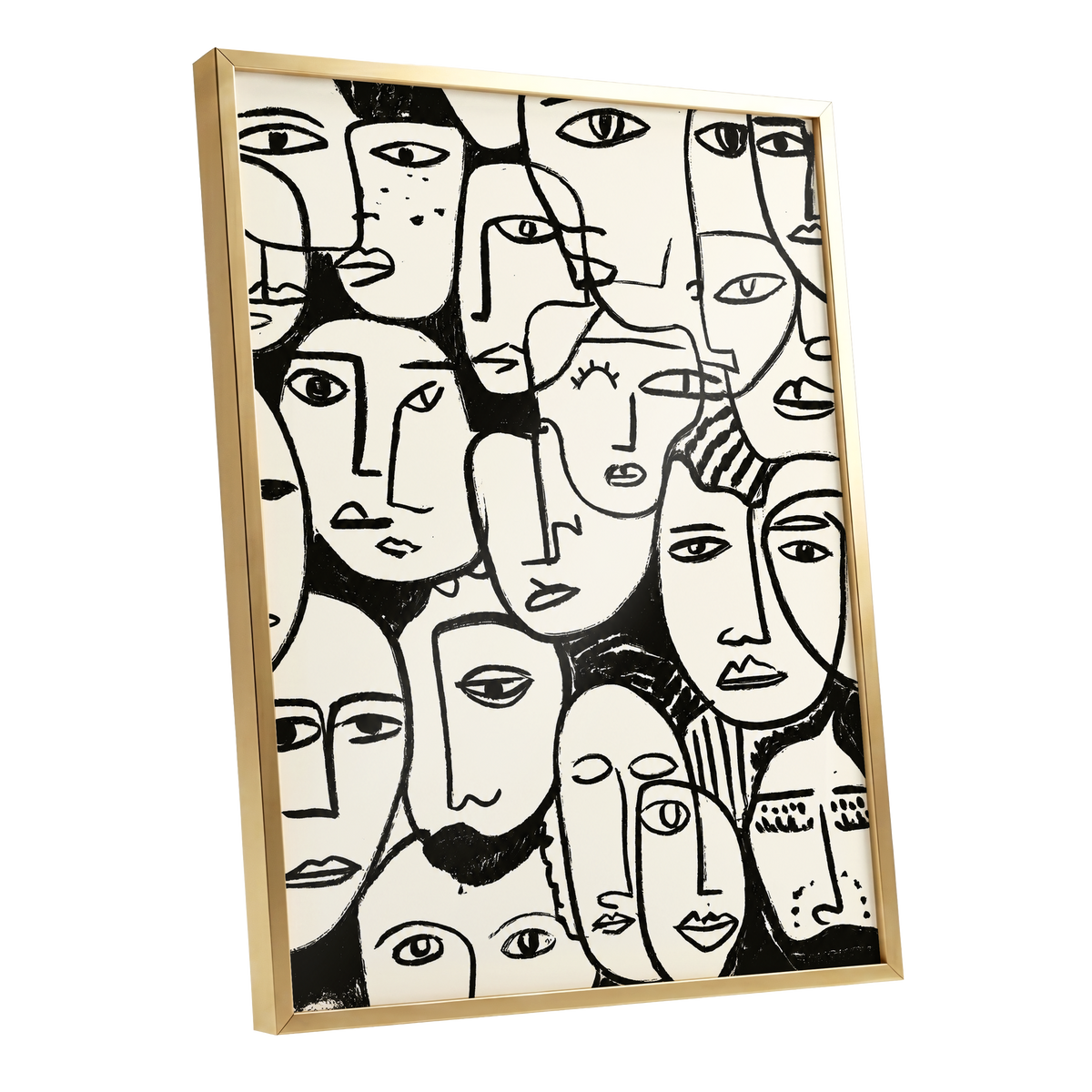 A Chorus of Faces, black, beige, white abstract wall art shown as a gold framed poster wall art print
