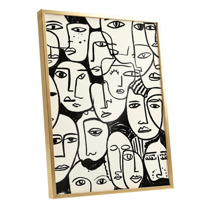 A Chorus of Faces, black, beige, white abstract wall art shown as a gold framed poster wall art print