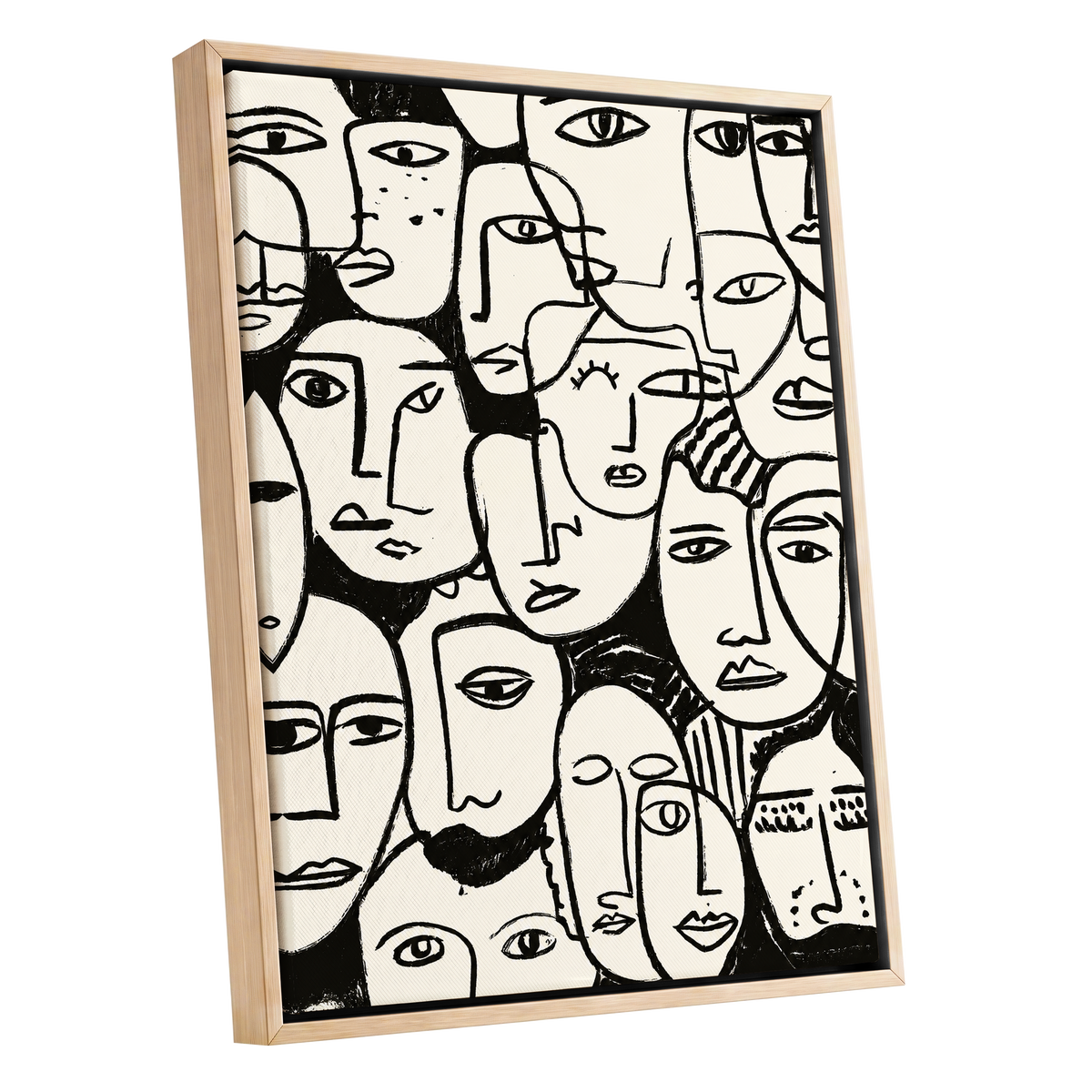 A Chorus of Faces, black, beige, white abstract wall art shown as a oak framed canvas wall art