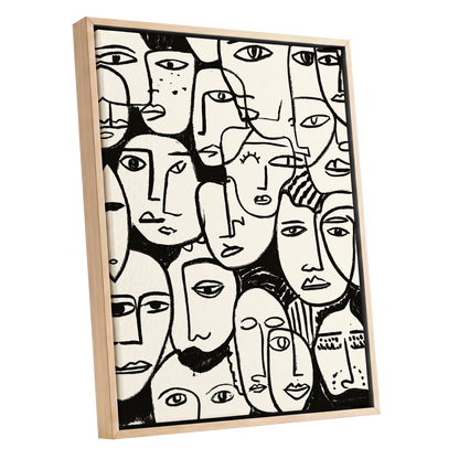 A Chorus of Faces, black, beige, white abstract wall art shown as a oak framed canvas wall art