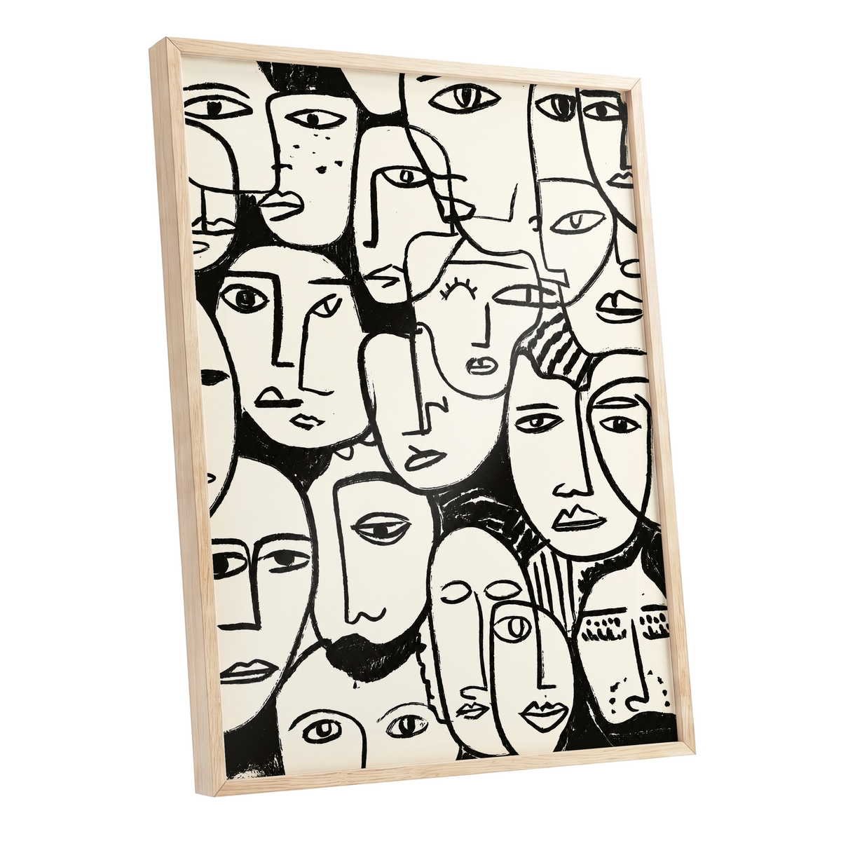 A Chorus of Faces, black, beige, white abstract wall art shown as a oak framed poster wall art print
