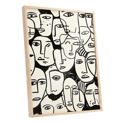 A Chorus of Faces, black, beige, white abstract wall art shown as a oak framed poster wall art print