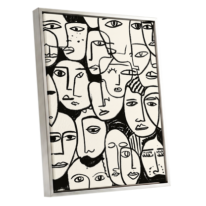 A Chorus of Faces, black, beige, white abstract wall art shown as a silver framed canvas wall art