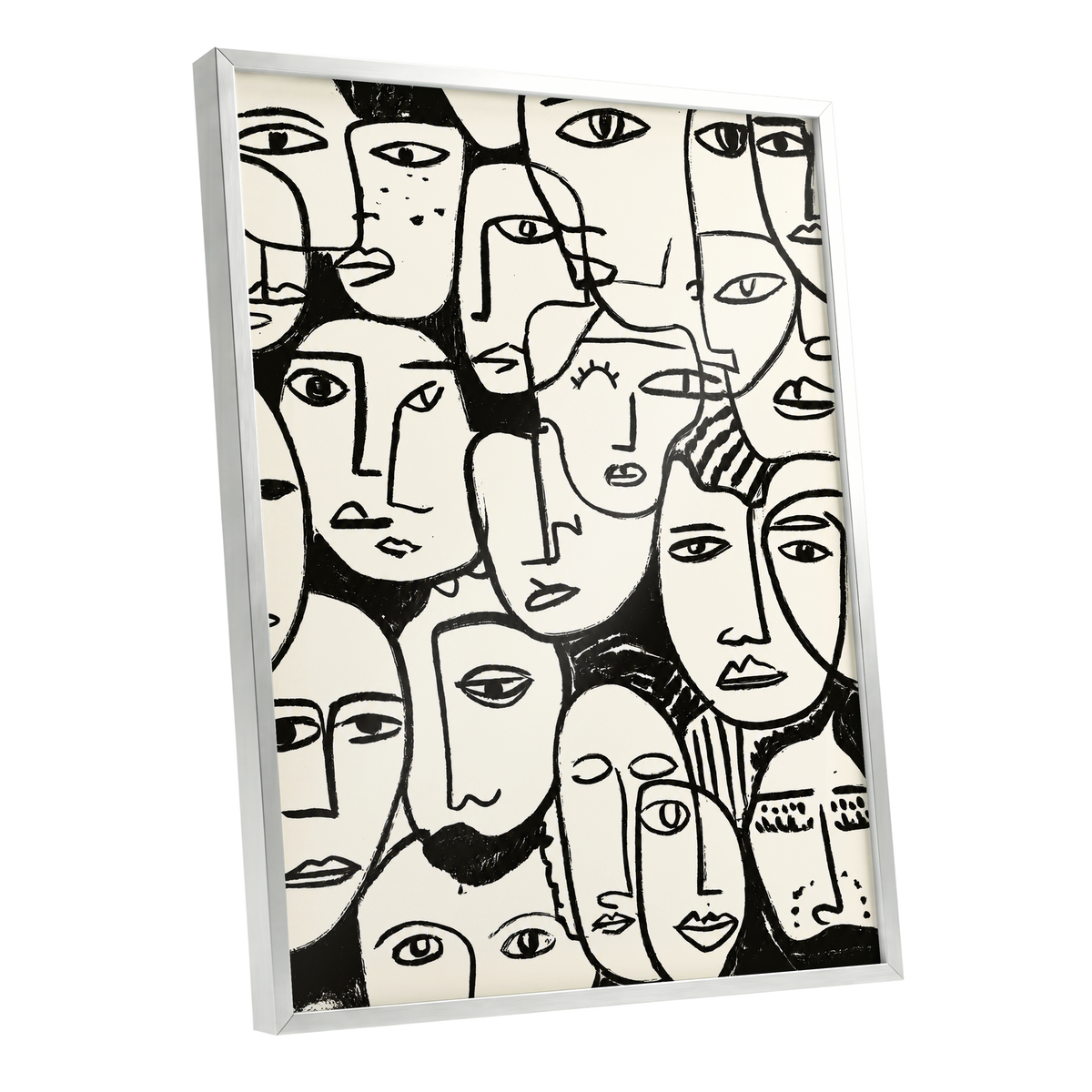 A Chorus of Faces, black, beige, white abstract wall art shown as a silver framed poster wall art print