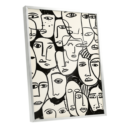A Chorus of Faces, black, beige, white abstract wall art shown as a silver framed poster wall art print
