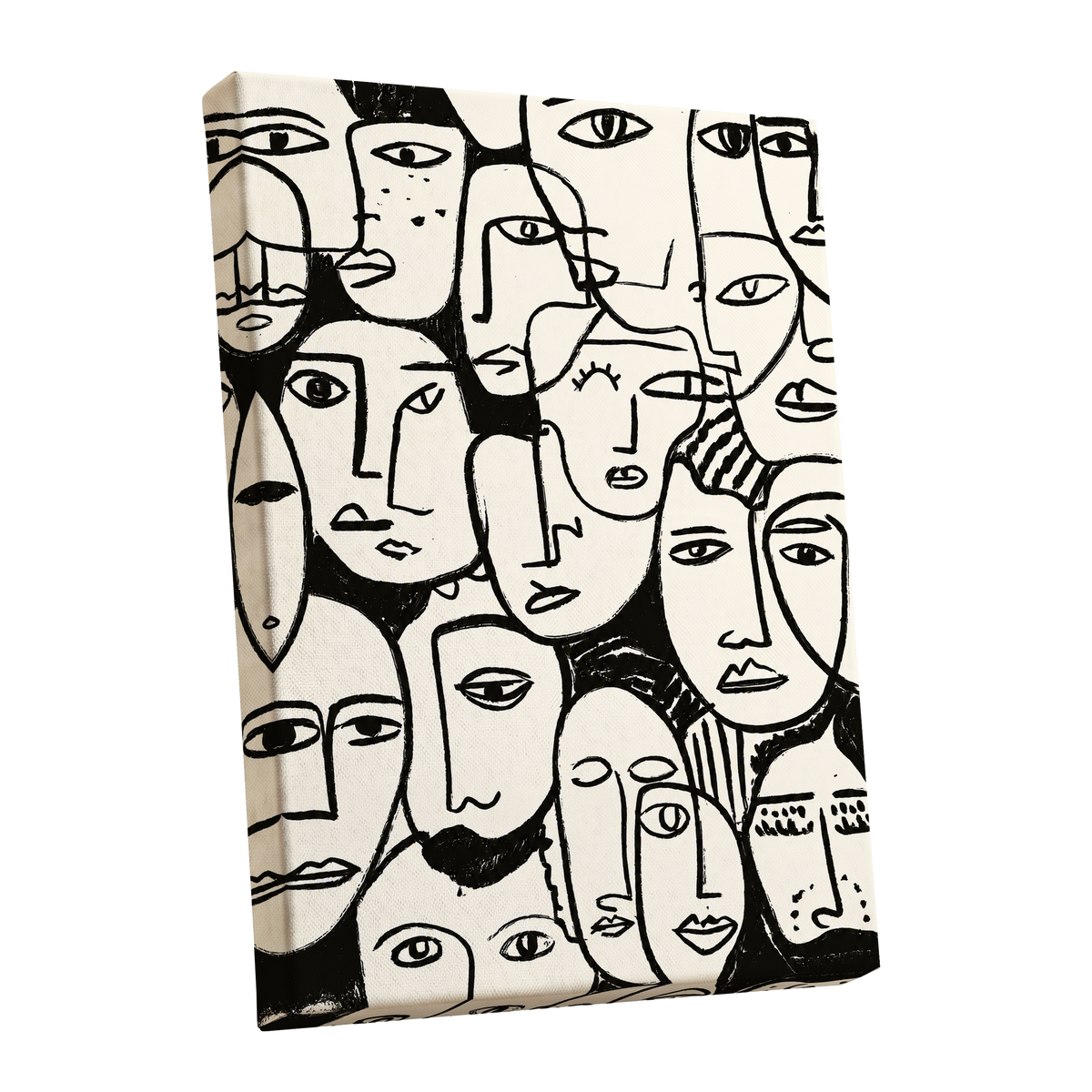 A Chorus of Faces, black, beige, white abstract wall art shown as a stretched canvas wall art