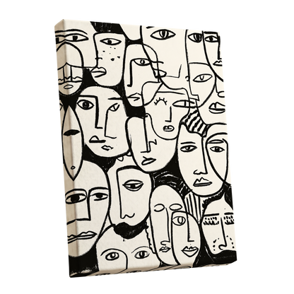 A Chorus of Faces, black, beige, white abstract wall art shown as a stretched canvas wall art
