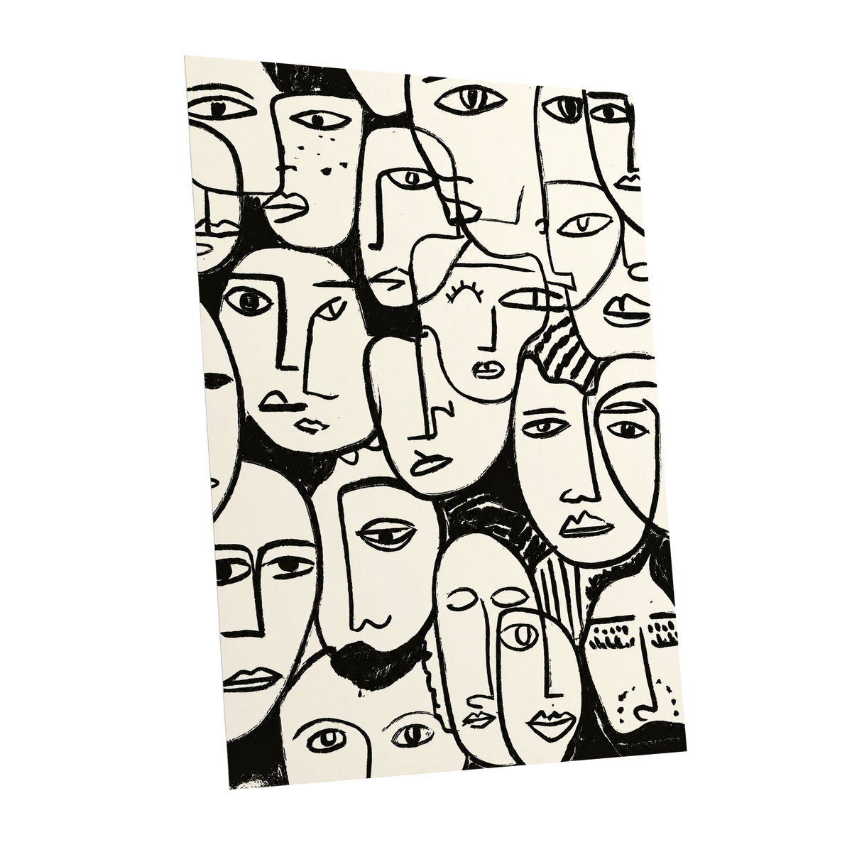 A Chorus of Faces, black, beige, white abstract wall art shown as a unframed poster wall art print