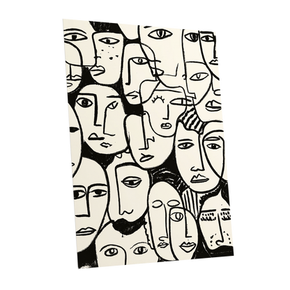 A Chorus of Faces, black, beige, white abstract wall art shown as a unframed poster wall art print