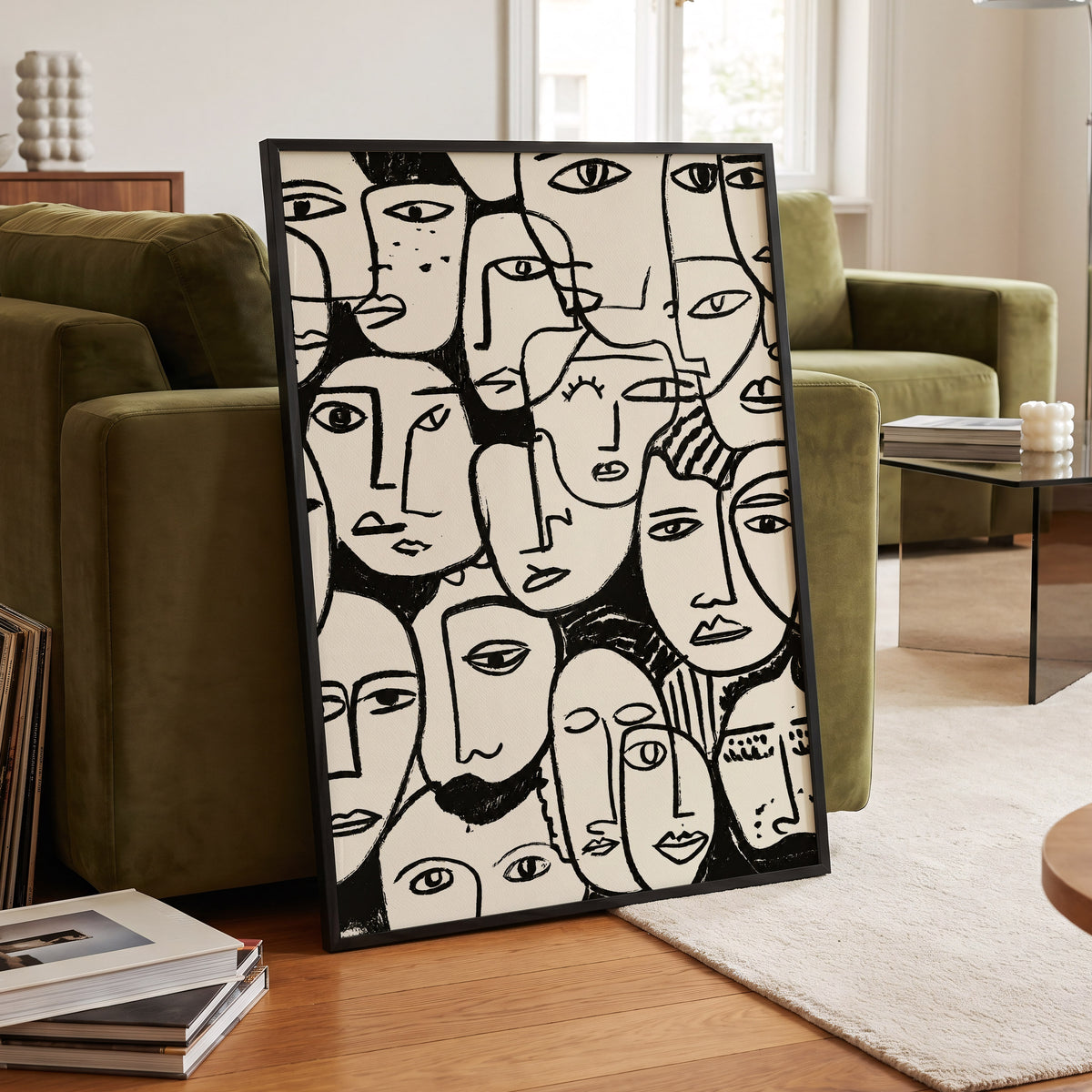 A Chorus of Faces, black, beige, white abstract wall art displayed in a styled interior, gallery view 2