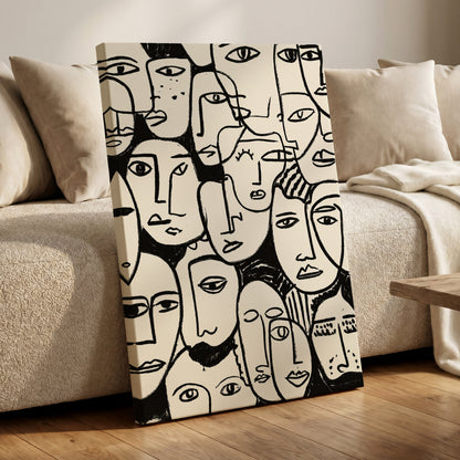 A Chorus of Faces, black, beige, white abstract wall art displayed in a styled interior, gallery view 3
