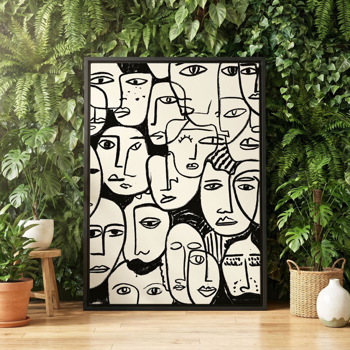 A Chorus of Faces, black, beige, white abstract wall art displayed in a styled interior, gallery view 4