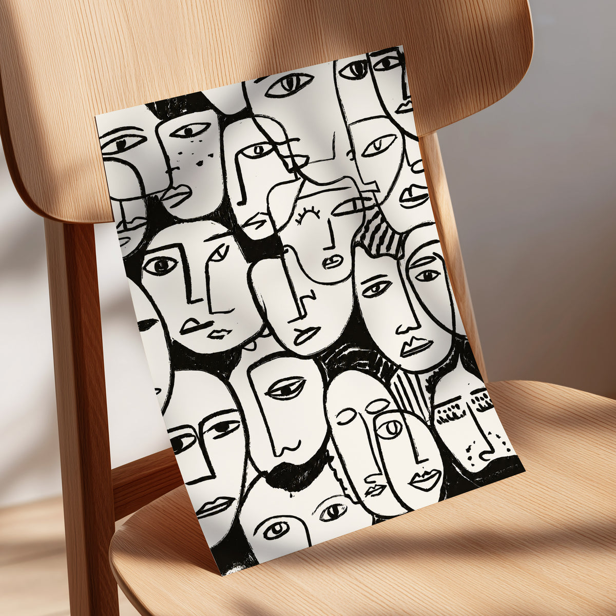 A Chorus of Faces, black, beige, white abstract wall art displayed in a styled interior, gallery view 5