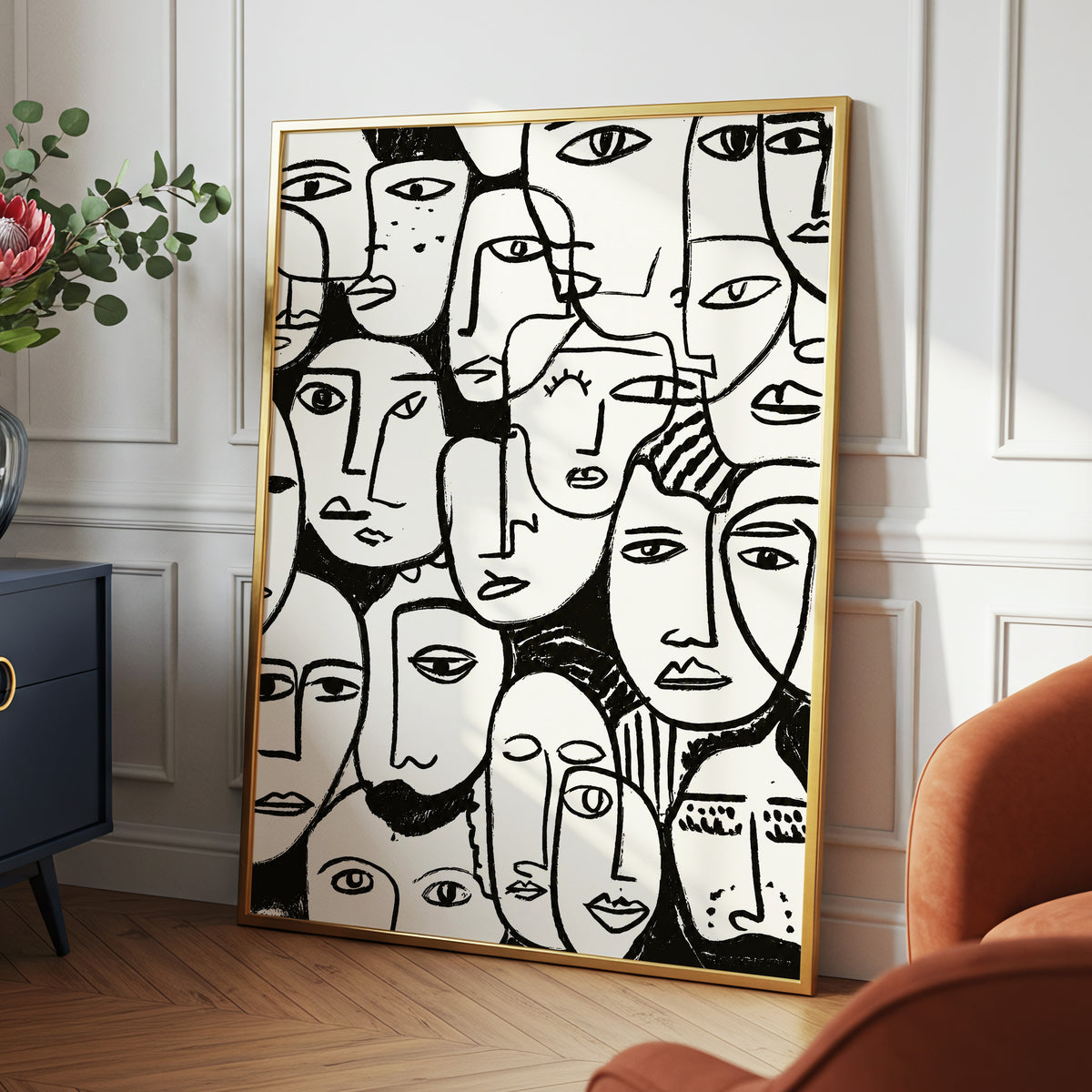A Chorus of Faces, black, beige, white abstract wall art displayed in a styled interior, gallery view 6