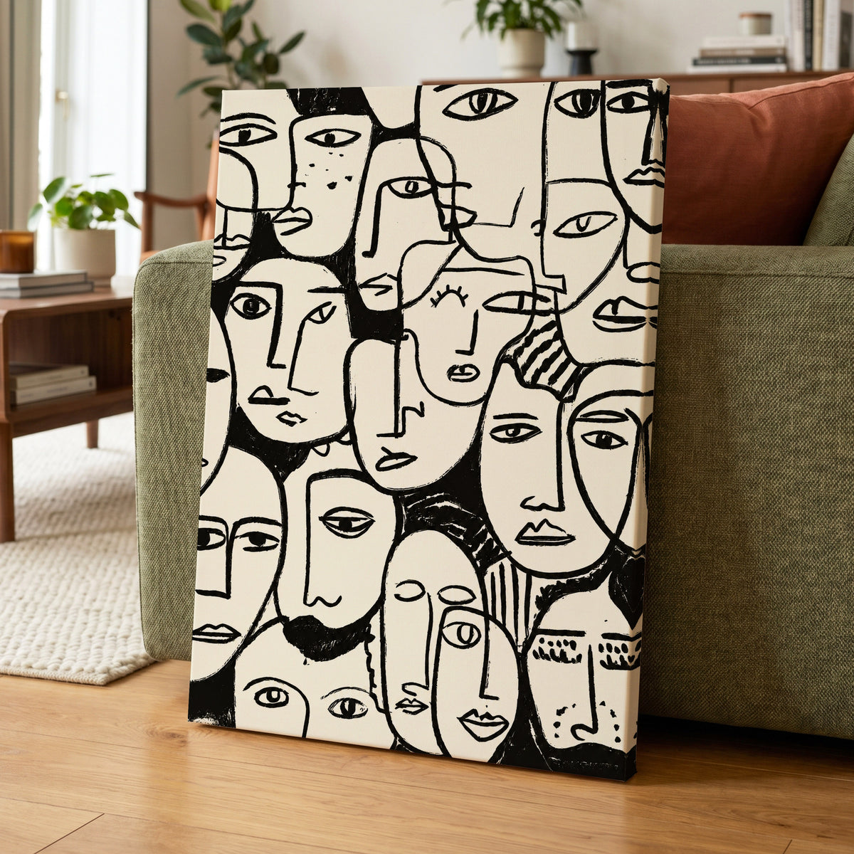 A Chorus of Faces, black, beige, white abstract wall art displayed in a styled interior, gallery view 7