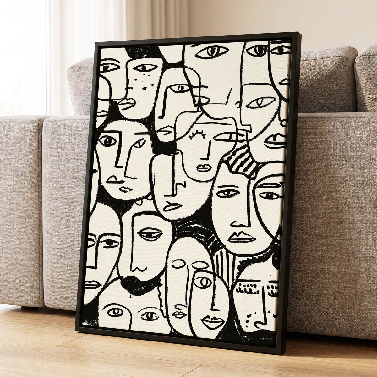 A Chorus of Faces, black, beige, white abstract wall art displayed in a styled interior, gallery view 8