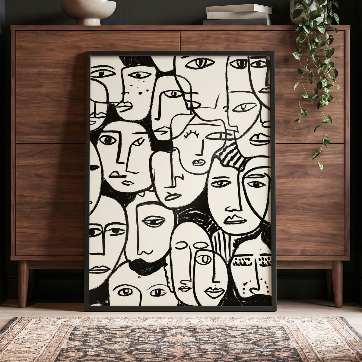 A Chorus of Faces, black, beige, white abstract wall art displayed in a styled interior, gallery view 9