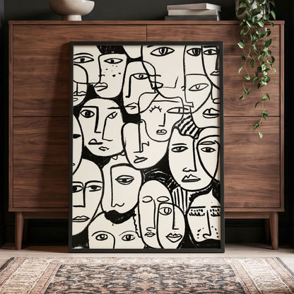 A Chorus of Faces, black, beige, white abstract wall art displayed in a styled interior, gallery view 9