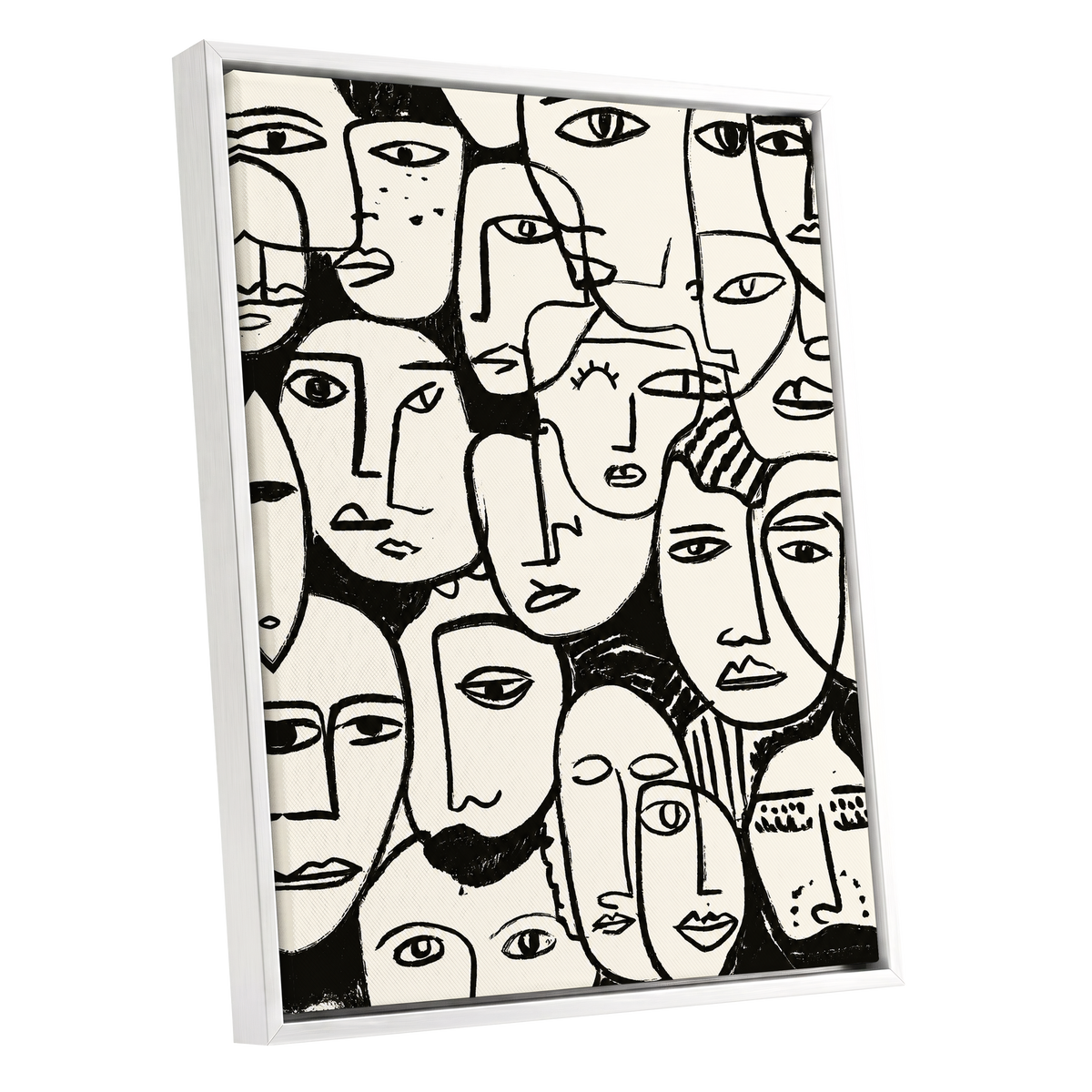 A Chorus of Faces, black, beige, white abstract wall art shown as a white framed canvas wall art
