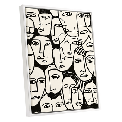A Chorus of Faces, black, beige, white abstract wall art shown as a white framed canvas wall art