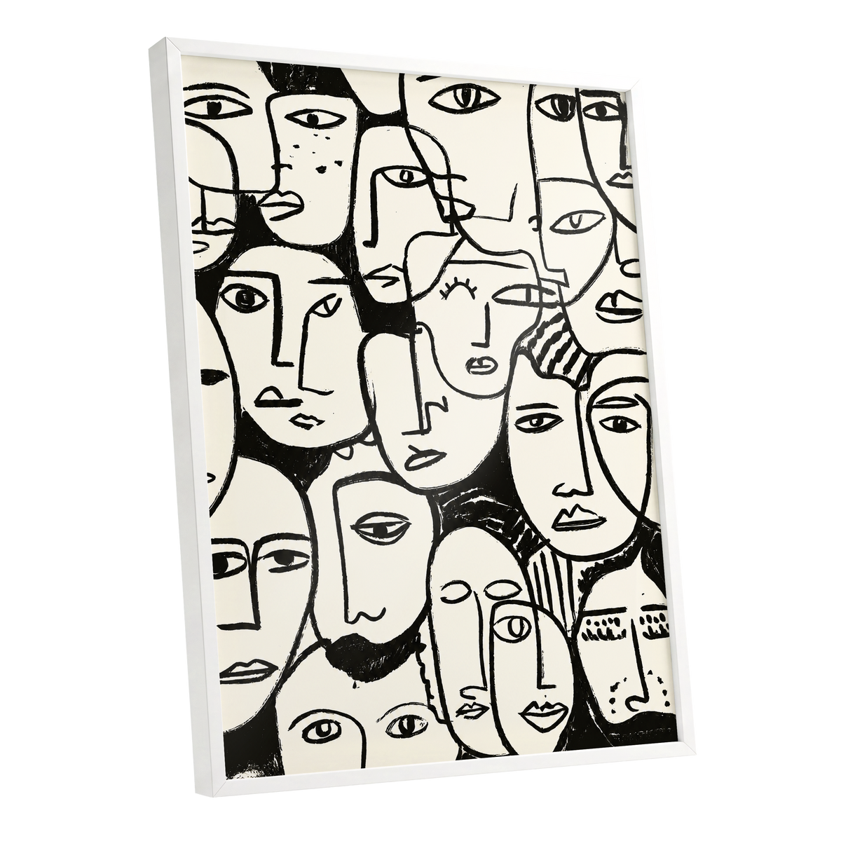 A Chorus of Faces, black, beige, white abstract wall art shown as a white framed poster wall art print