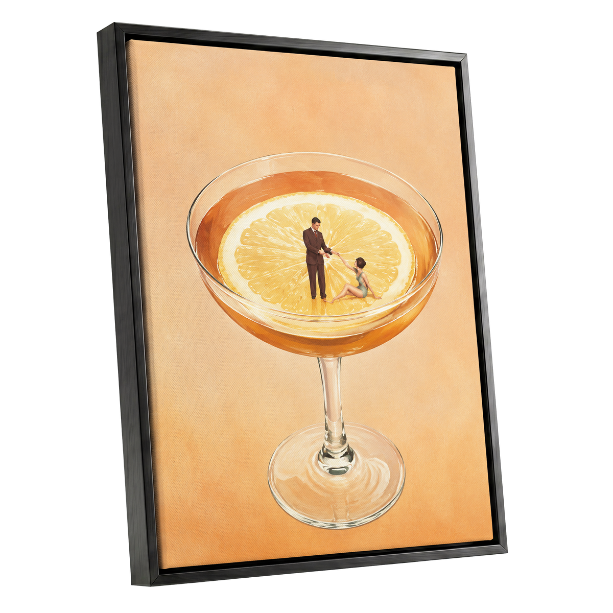 A Citrus Rendezvous, orange, yellow, beige minimalist wall art shown as a black framed canvas wall art