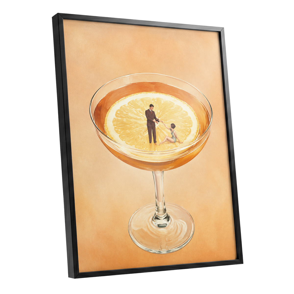 A Citrus Rendezvous, orange, yellow, beige minimalist wall art shown as a black framed poster wall art print