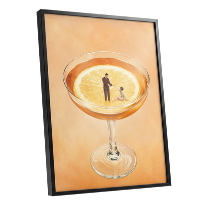 A Citrus Rendezvous, orange, yellow, beige minimalist wall art shown as a black framed poster wall art print