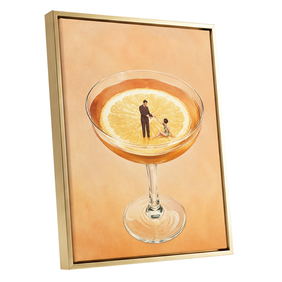 A Citrus Rendezvous, orange, yellow, beige minimalist wall art shown as a gold framed canvas wall art