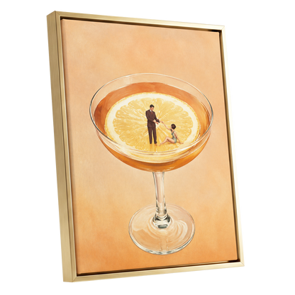 A Citrus Rendezvous, orange, yellow, beige minimalist wall art shown as a gold framed canvas wall art