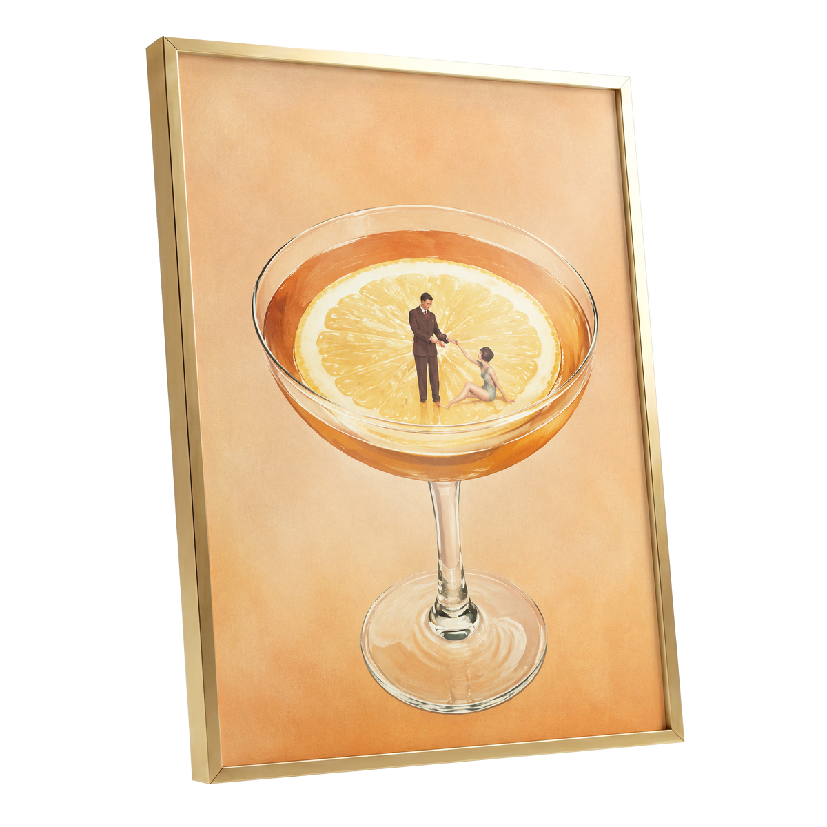 A Citrus Rendezvous, orange, yellow, beige minimalist wall art shown as a gold framed poster wall art print