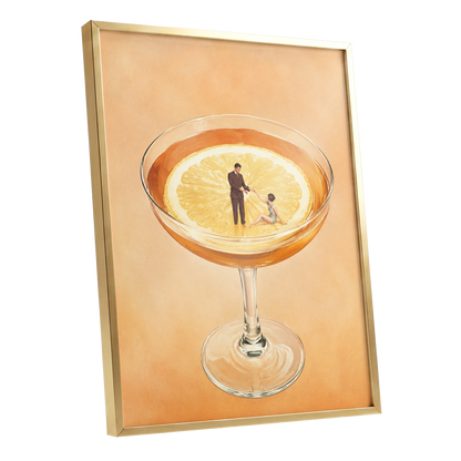 A Citrus Rendezvous, orange, yellow, beige minimalist wall art shown as a gold framed poster wall art print