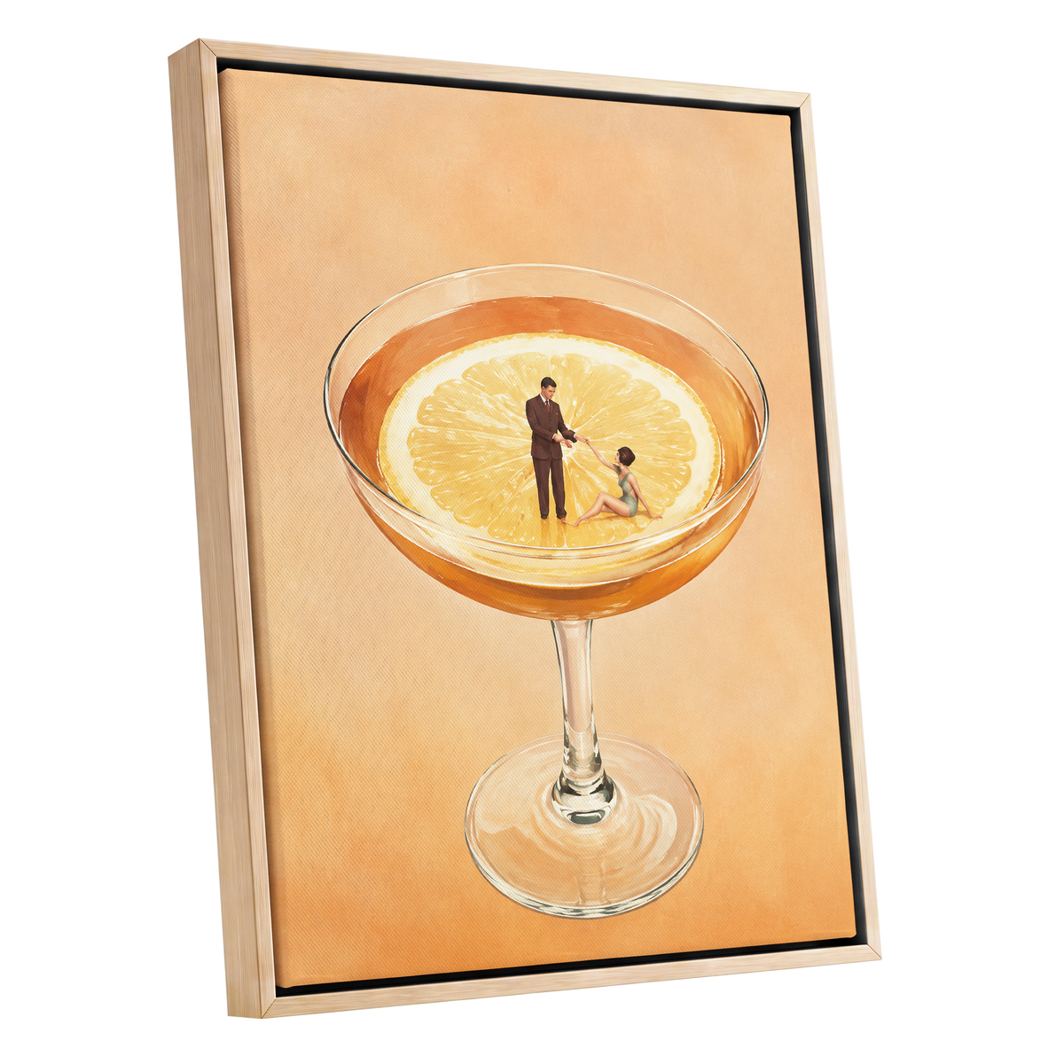 A Citrus Rendezvous, orange, yellow, beige minimalist wall art shown as a oak framed canvas wall art