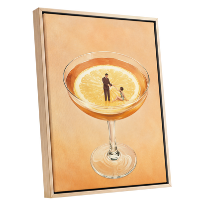 A Citrus Rendezvous, orange, yellow, beige minimalist wall art shown as a oak framed canvas wall art